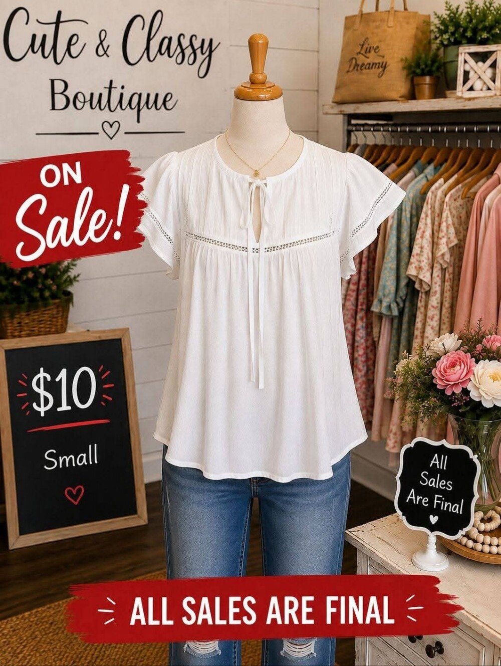 Women’s White Tie-Neck Flutter Sleeve Blouse